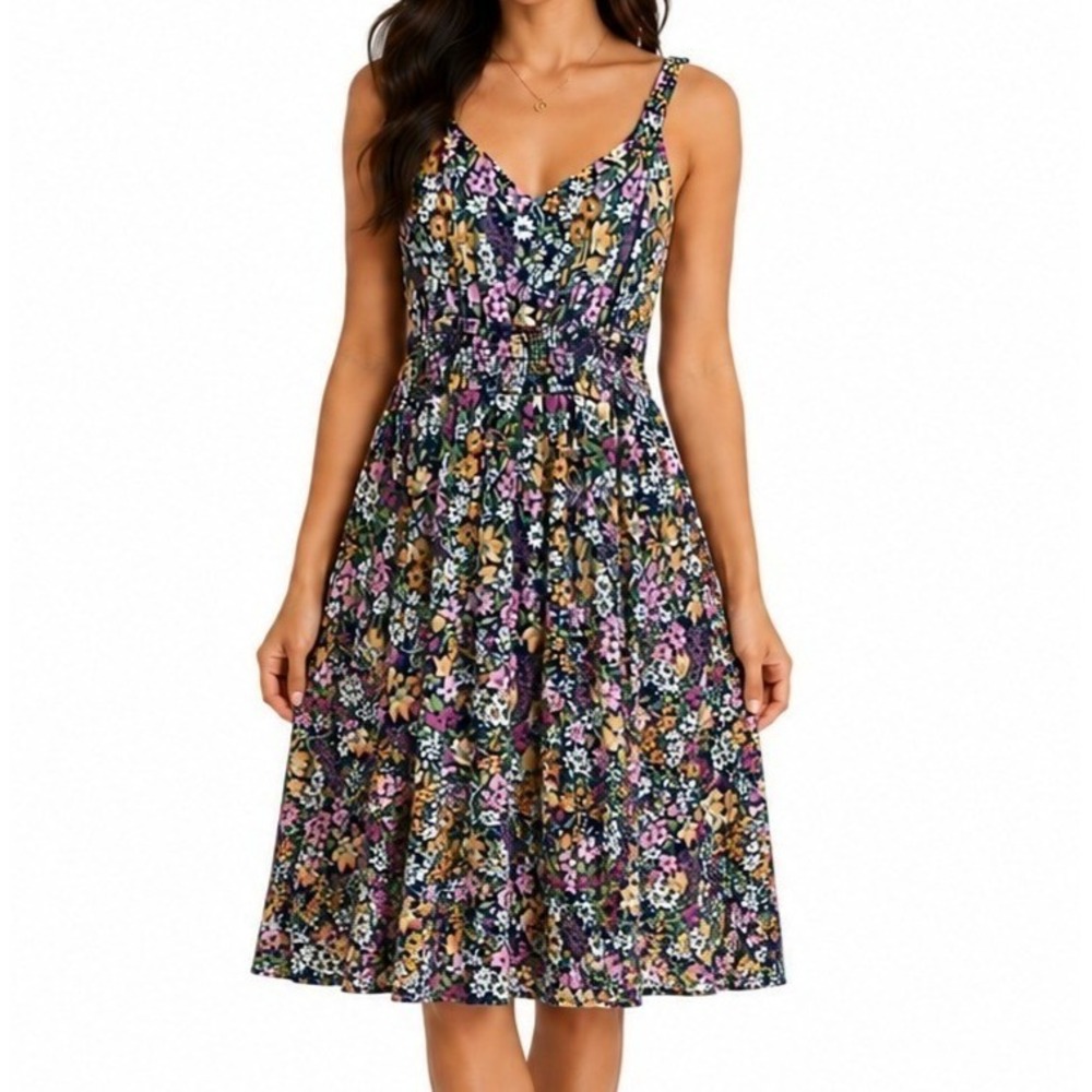 Michelle Mae Ditsy Floral Midi Dress Sz XL Multicolor Smocked Cottage Boho Party